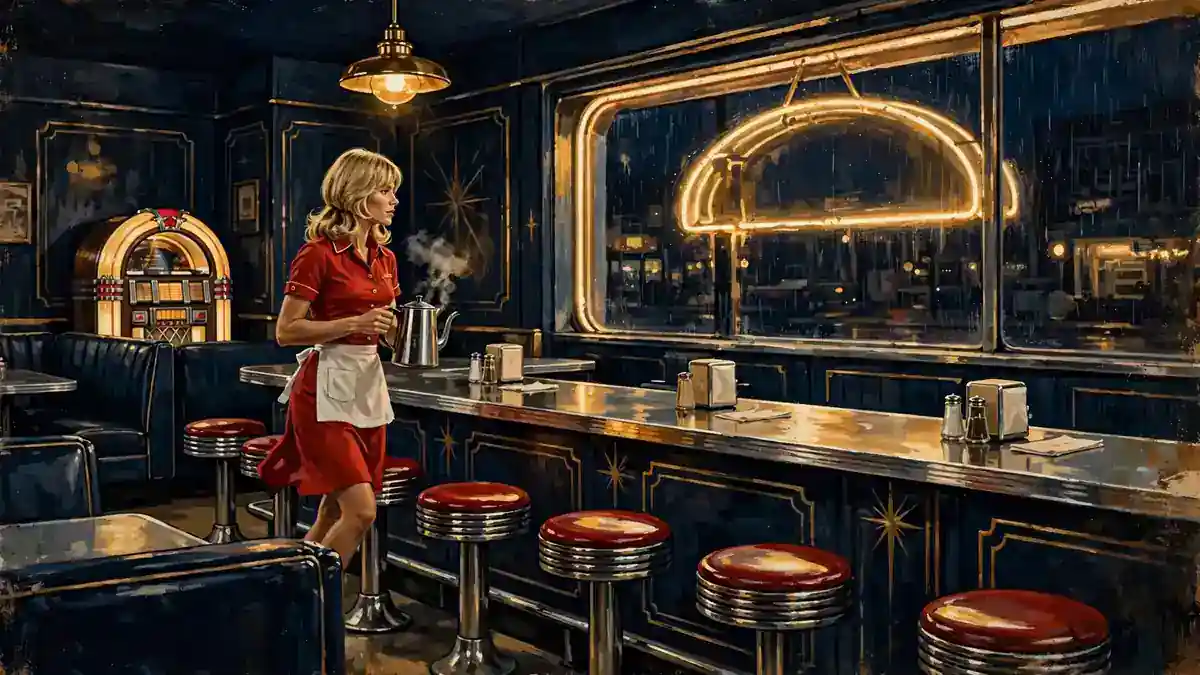 Stylized 1970s diner scene illustration in navy and gold, evoking Flo's workplace at Mel's Diner on Alice