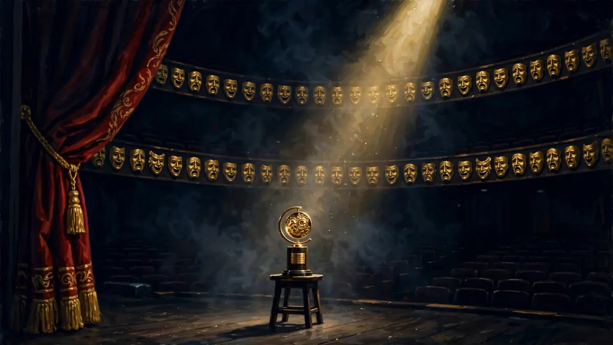 Stylized Broadway theater stage illustration with a gold spotlight in navy and gold tones, representing Polly Holliday's Tony-nominated stage career