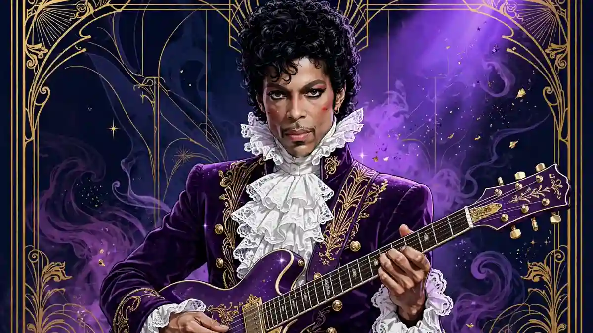Illustrated portrait of Prince in his Purple Rain era, wearing a ruffled white collar and purple velvet jacket