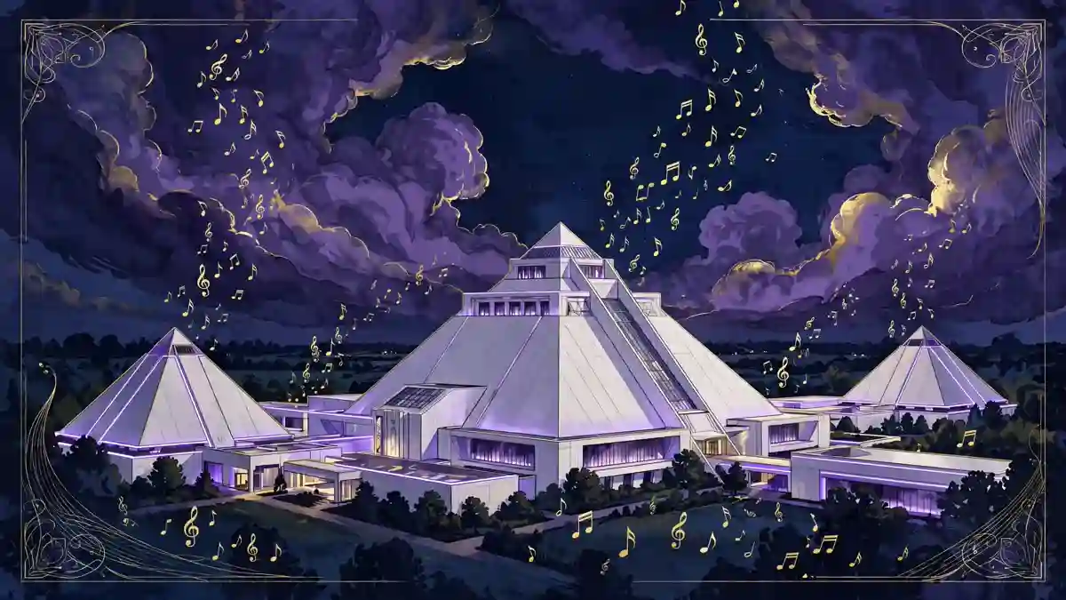 Illustrated view of Paisley Park at night, Prince's Minnesota studio complex