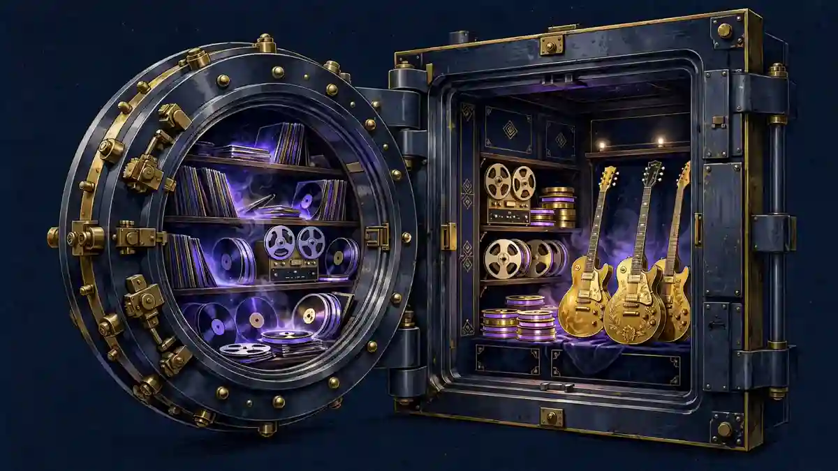 Illustrated open steel vault revealing glowing records, master tapes and gold guitars