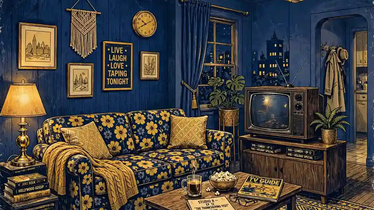 Illustrated retro 1980s sitcom apartment set in navy and gold, evoking the Three's Company era