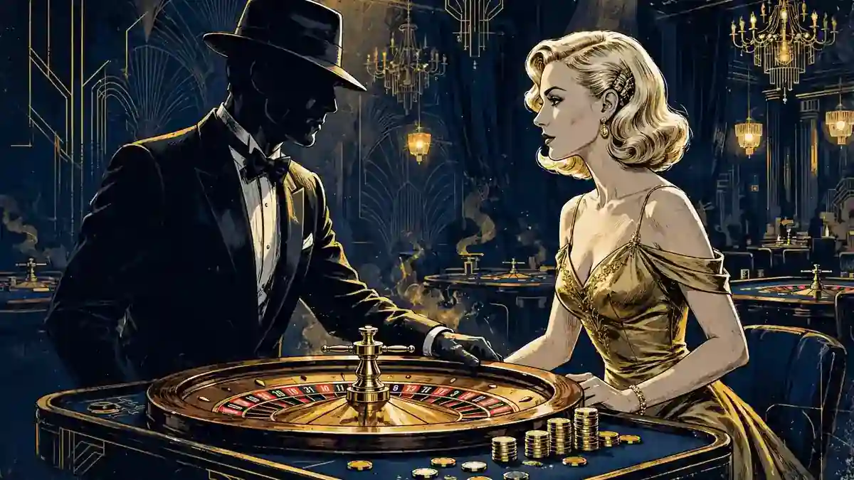 Illustrated spy-thriller casino scene in navy and gold, evoking Barnes's Bond-girl role in Licence to Kill