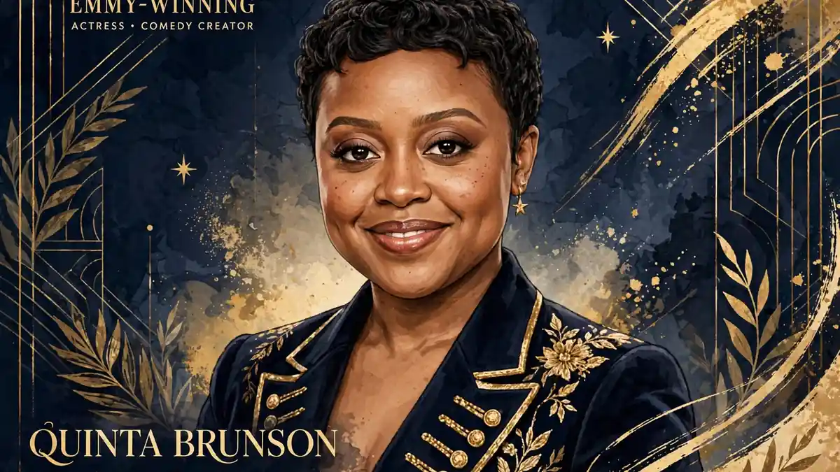 Illustrated editorial portrait of Quinta Brunson, Emmy-winning actress and creator of Abbott Elementary