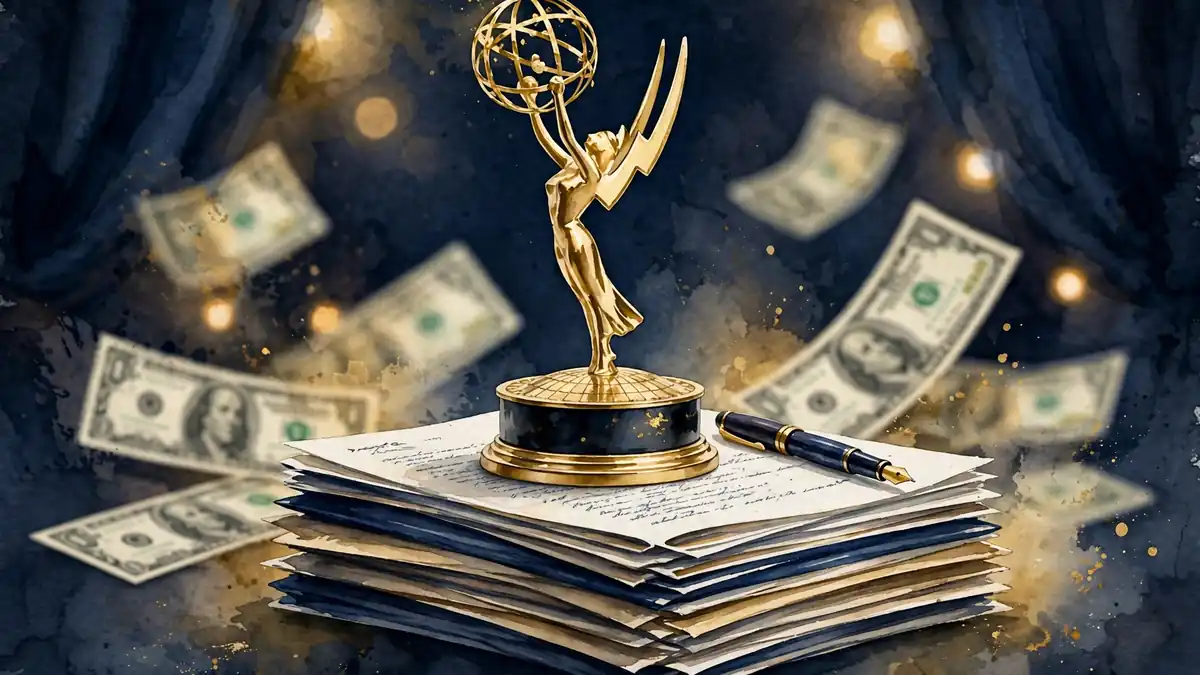 Illustration of an Emmy-style television award trophy resting on scripts with dollar bills