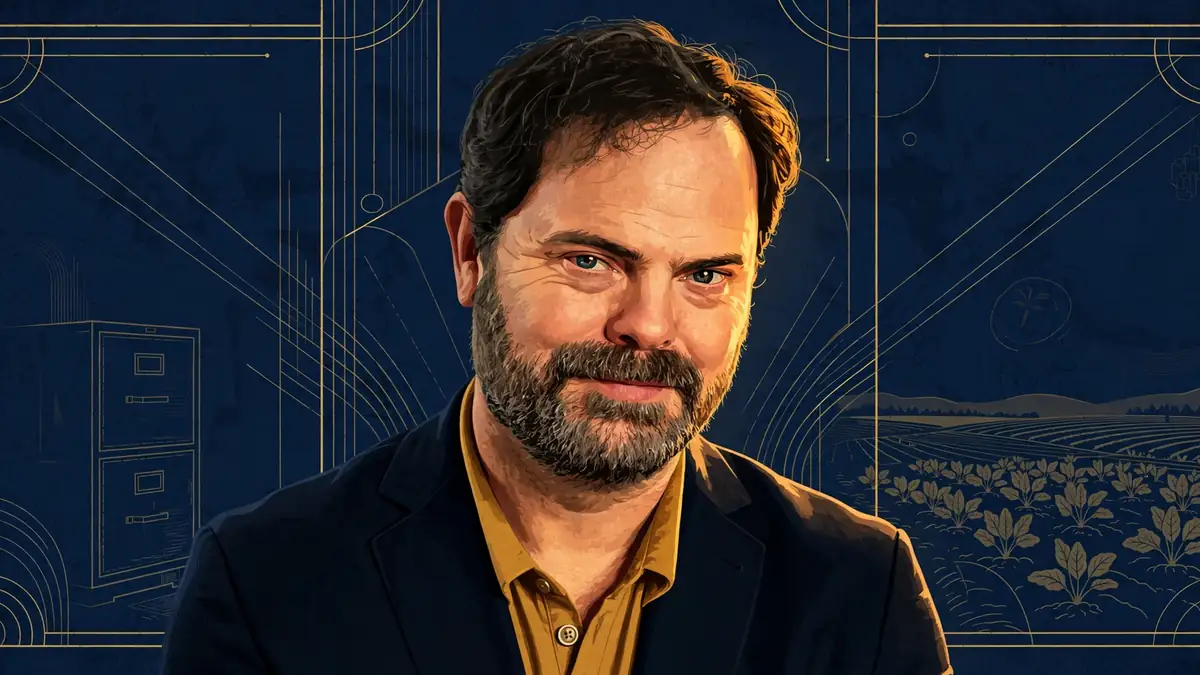 Stylized illustrated portrait of Rainn Wilson in navy and gold editorial style