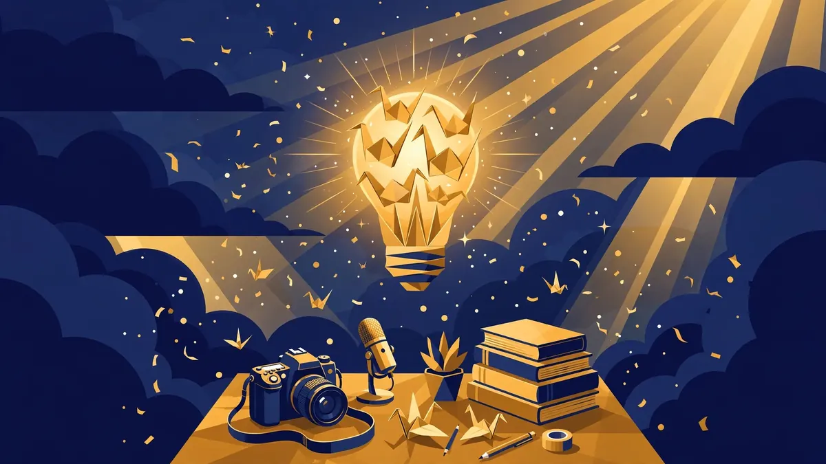 Illustration of a digital media studio with a glowing origami light bulb in navy and gold