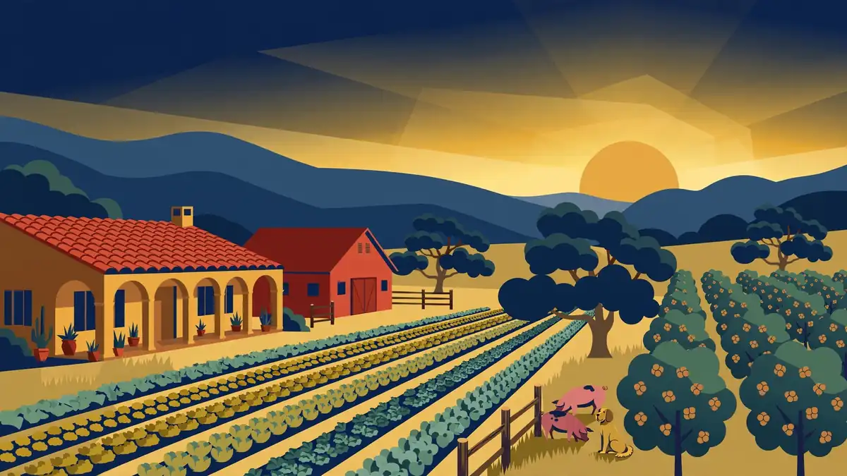 Illustration of a Spanish-style hacienda farm at golden hour in navy and gold
