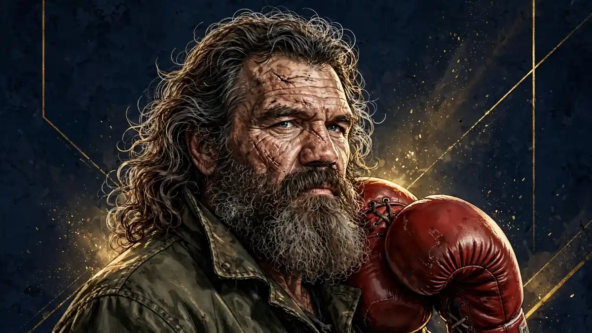 Stylized illustrated portrait of Randall 'Tex' Cobb, the former heavyweight boxer and character actor, with boxing gloves and gold editorial accents