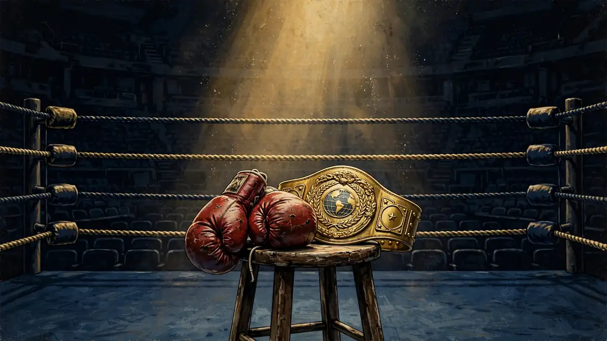 Illustration of worn boxing gloves and a championship belt on a stool in an empty spotlighted ring