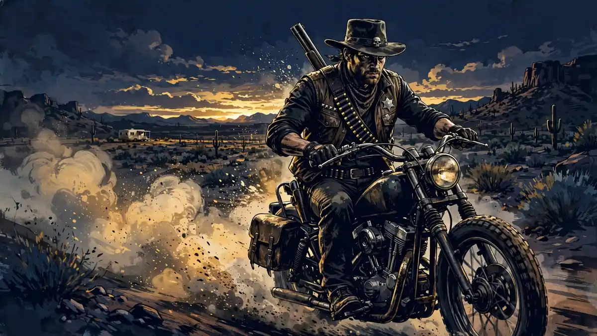 Illustration of a bounty hunter on a motorcycle in the Arizona desert at dusk, evoking Cobb's Leonard Smalls role in Raising Arizona