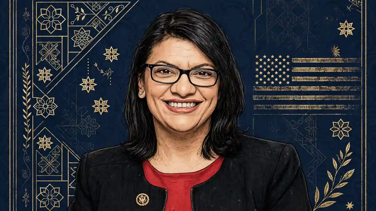 Stylized illustrated portrait of Congresswoman Rashida Tlaib in navy and gold