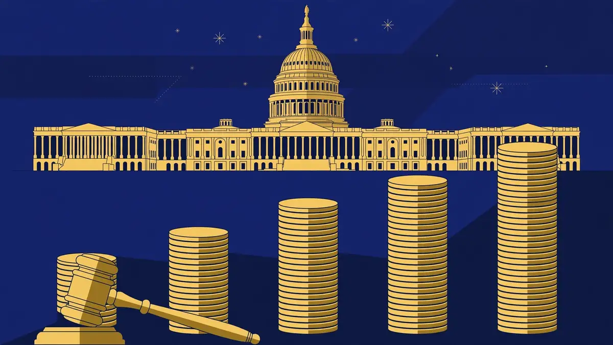 Illustration of the U.S. Capitol with coins and a gavel in navy and gold