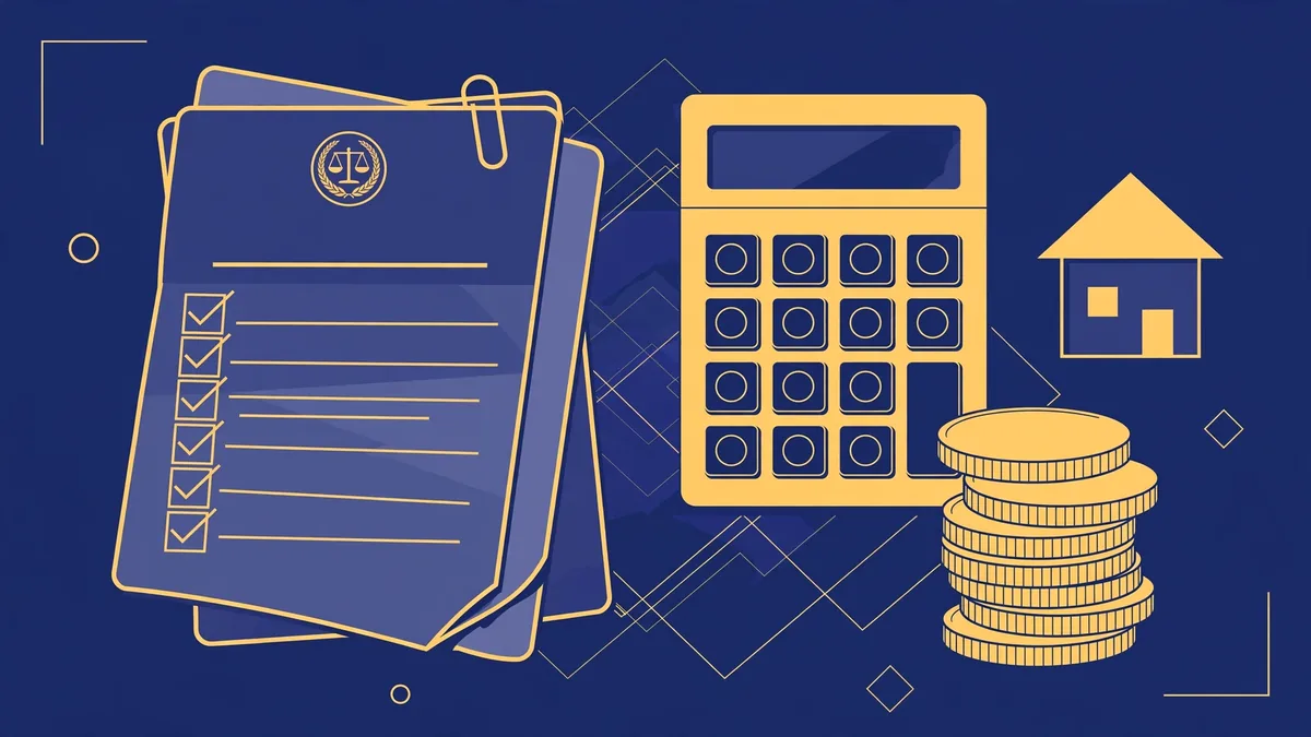 Illustration of financial disclosure documents, a calculator, and gold coins in navy and gold