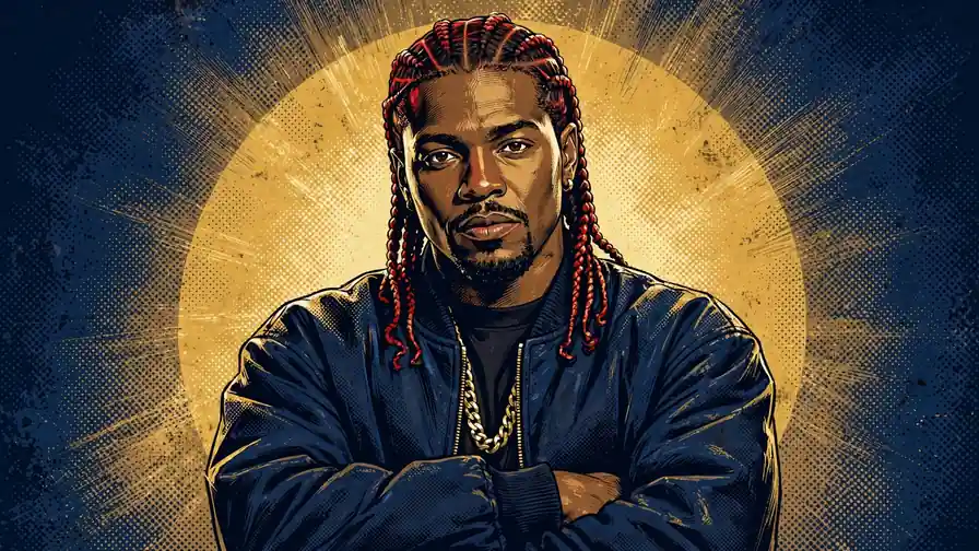 Stylized illustrated portrait of rapper Redman with red-tinted braids in navy and gold