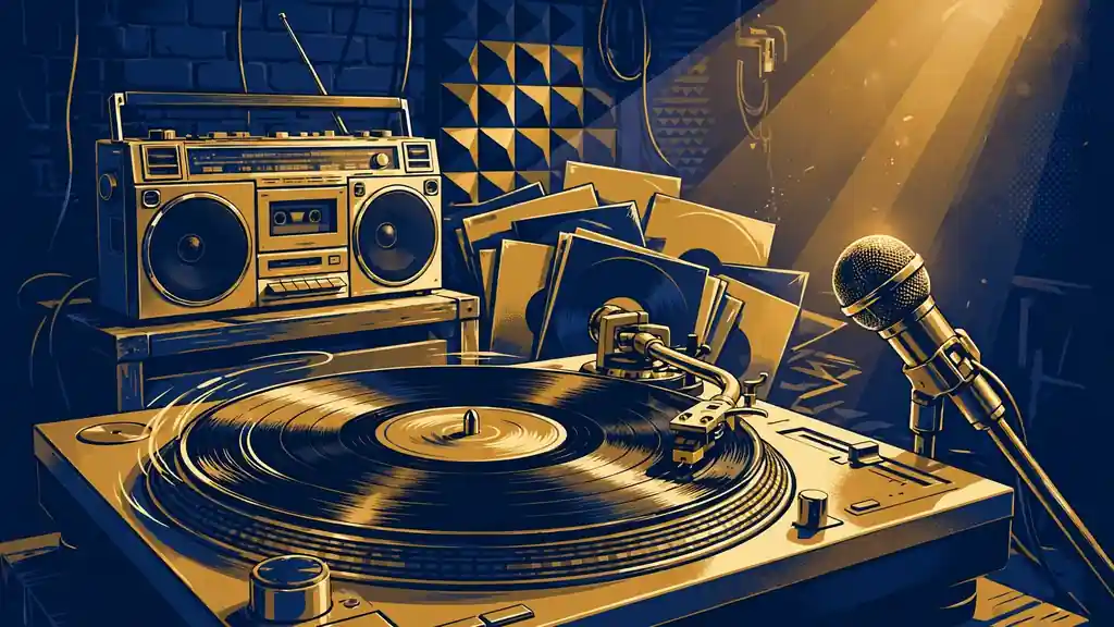 Illustration of a vinyl record and microphone in navy and gold, evoking 1990s hip-hop studio culture