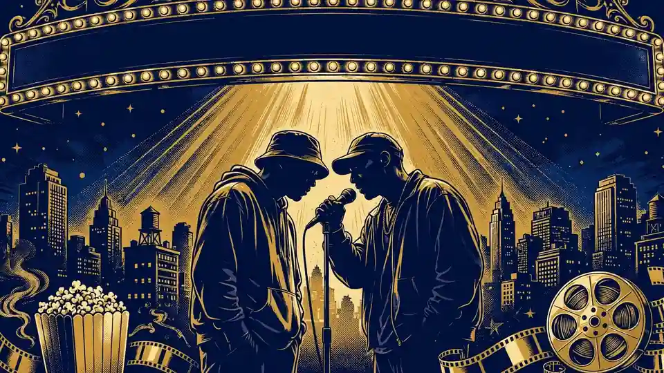 Illustration of a comedy film marquee with two silhouetted performers, navy and gold