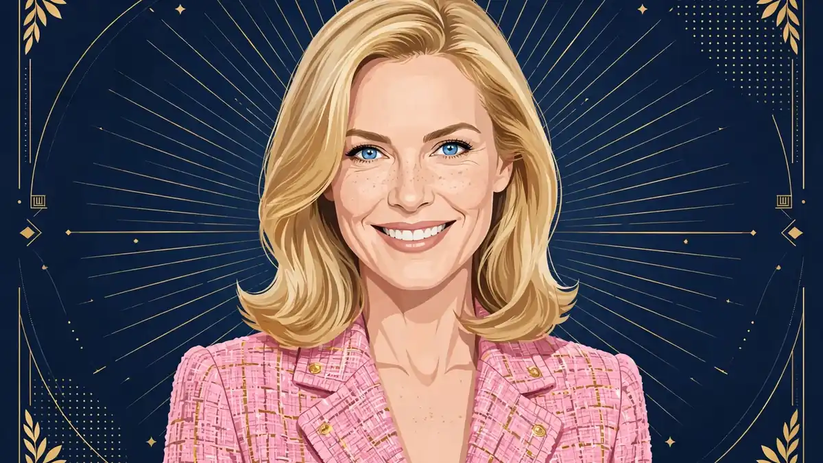 Stylized editorial illustration of Reese Witherspoon with her face visible, blonde hair against a navy and gold background