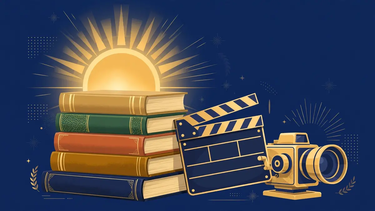 Editorial illustration of a film and television production studio with a glowing sunrise emblem in navy and gold