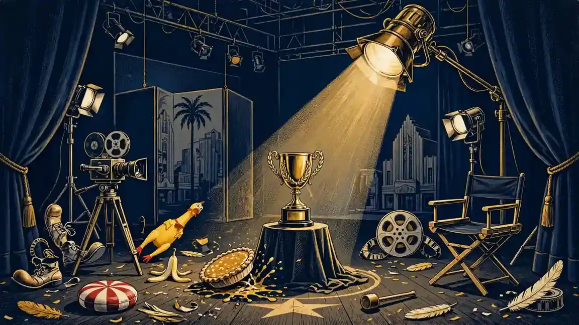 Editorial illustration of a Hollywood comedy film set with spotlight and gold trophy motif