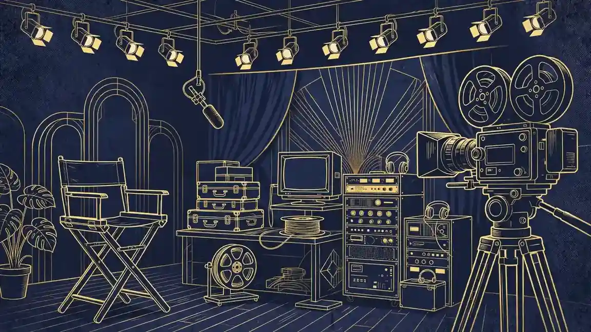 Editorial illustration of a television studio with director's chair and film camera in navy and gold