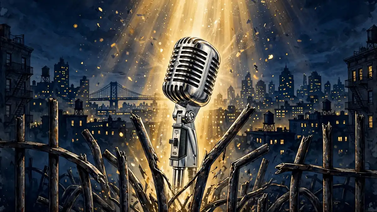 Editorial illustration of a vintage microphone rising from prison bars into a golden concert spotlight with the Bronx skyline at dusk