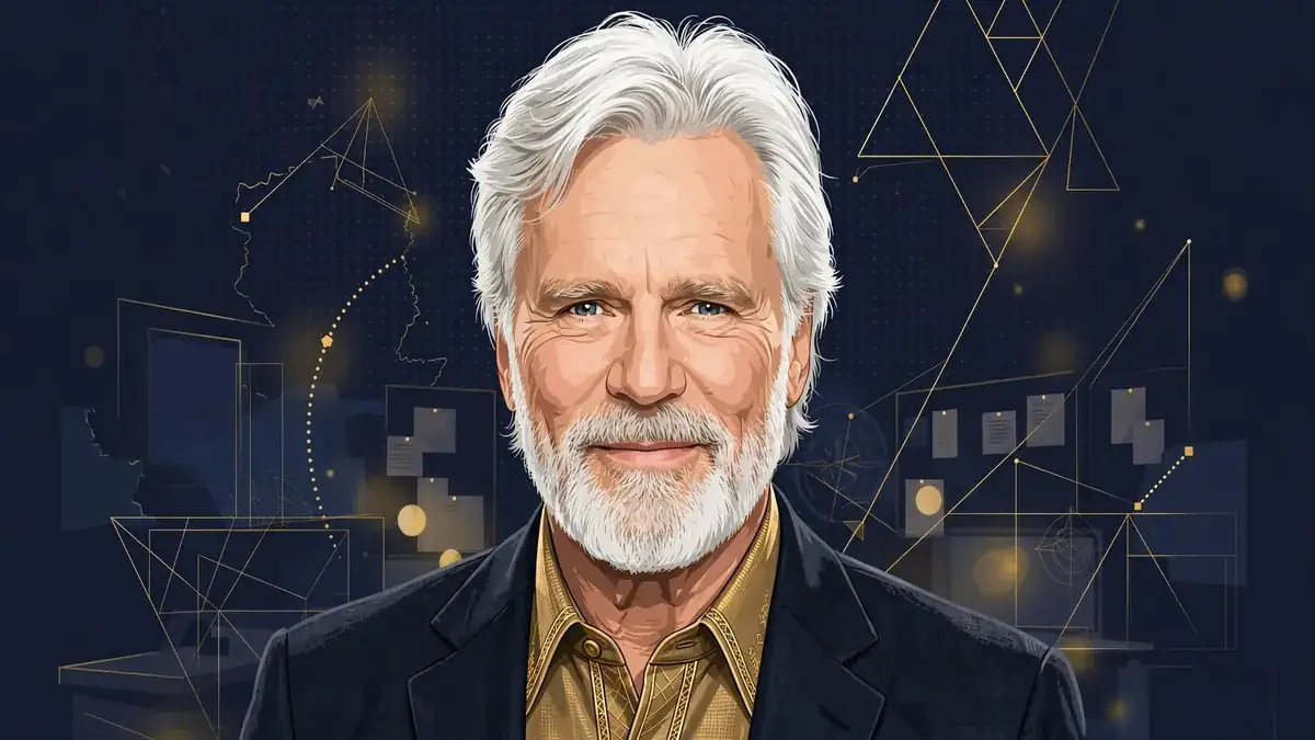 Stylized editorial portrait of Richard Dean Anderson with white hair and beard in navy and gold
