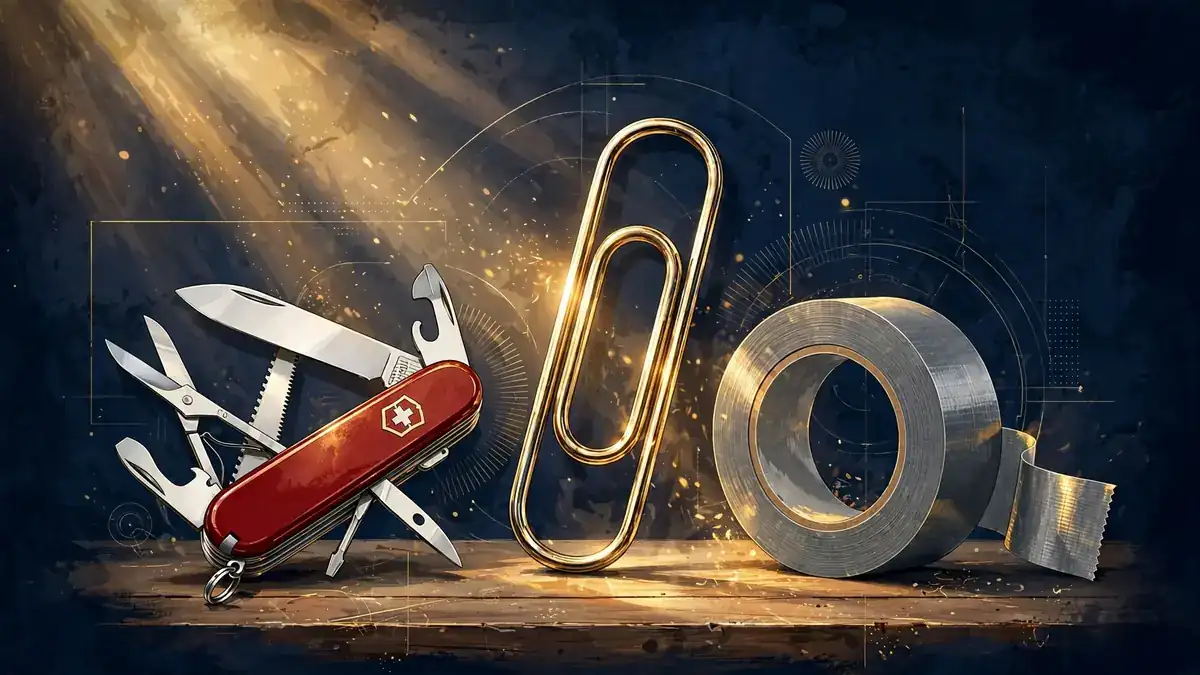 Editorial illustration of a Swiss Army knife, paperclip and duct tape — the iconic MacGyver toolkit