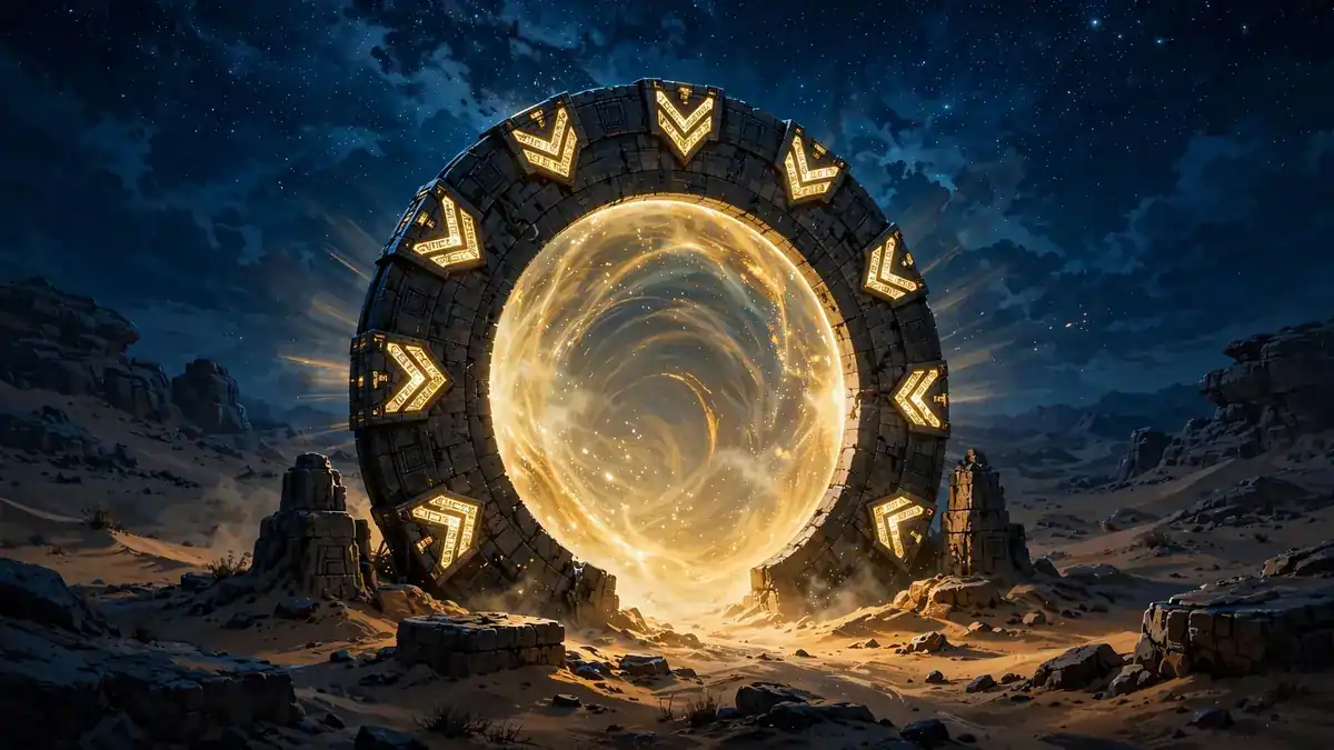 Editorial illustration of a glowing stargate ring in a desert night — the Stargate SG-1 era