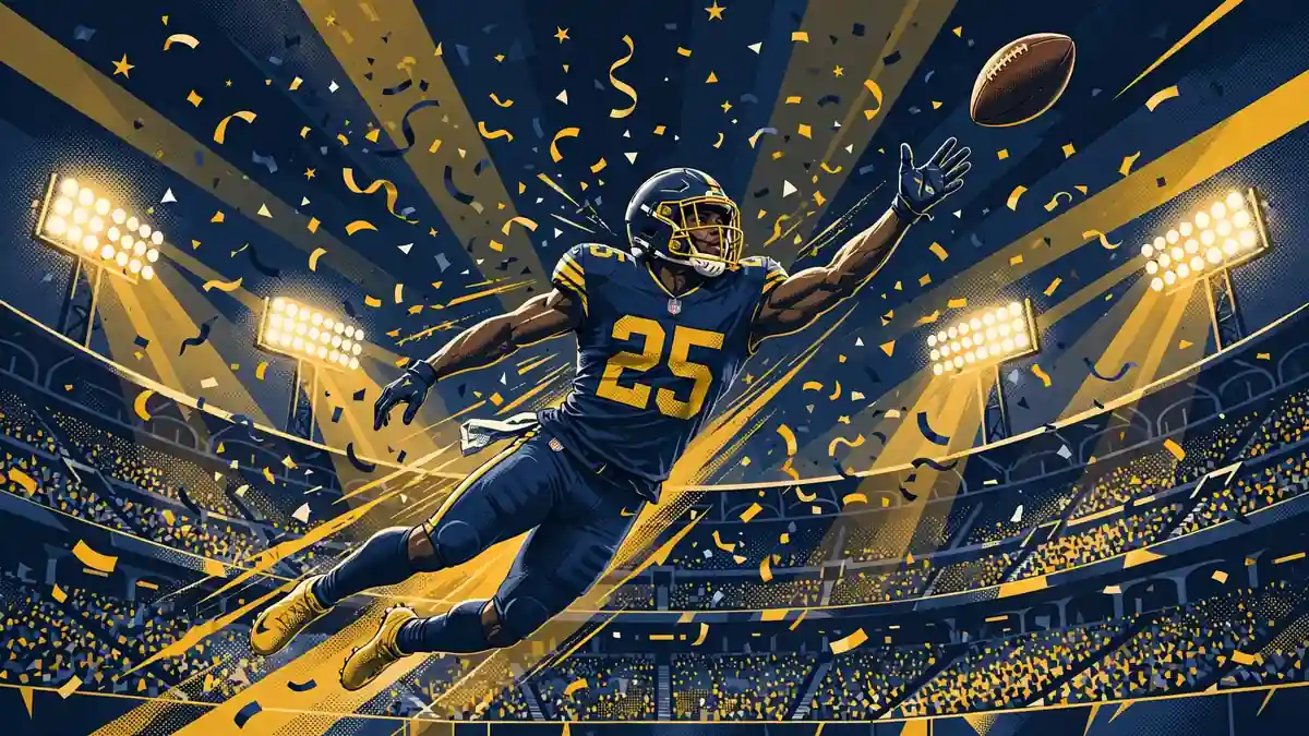 Illustration of an NFL cornerback leaping for an interception under stadium lights