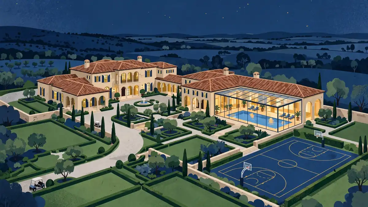 Illustration of a Mediterranean-style mansion estate at dusk