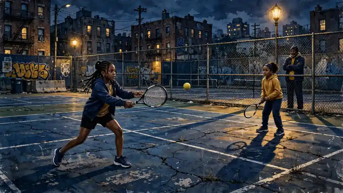 Illustration of two young girls training on cracked public tennis courts at dusk while their coach watches from behind the fence