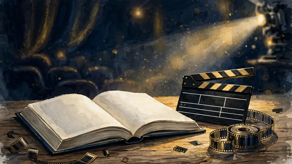 Illustration of an open memoir beside a film clapperboard and film reel, symbolizing Richard Williams' story becoming the film King Richard