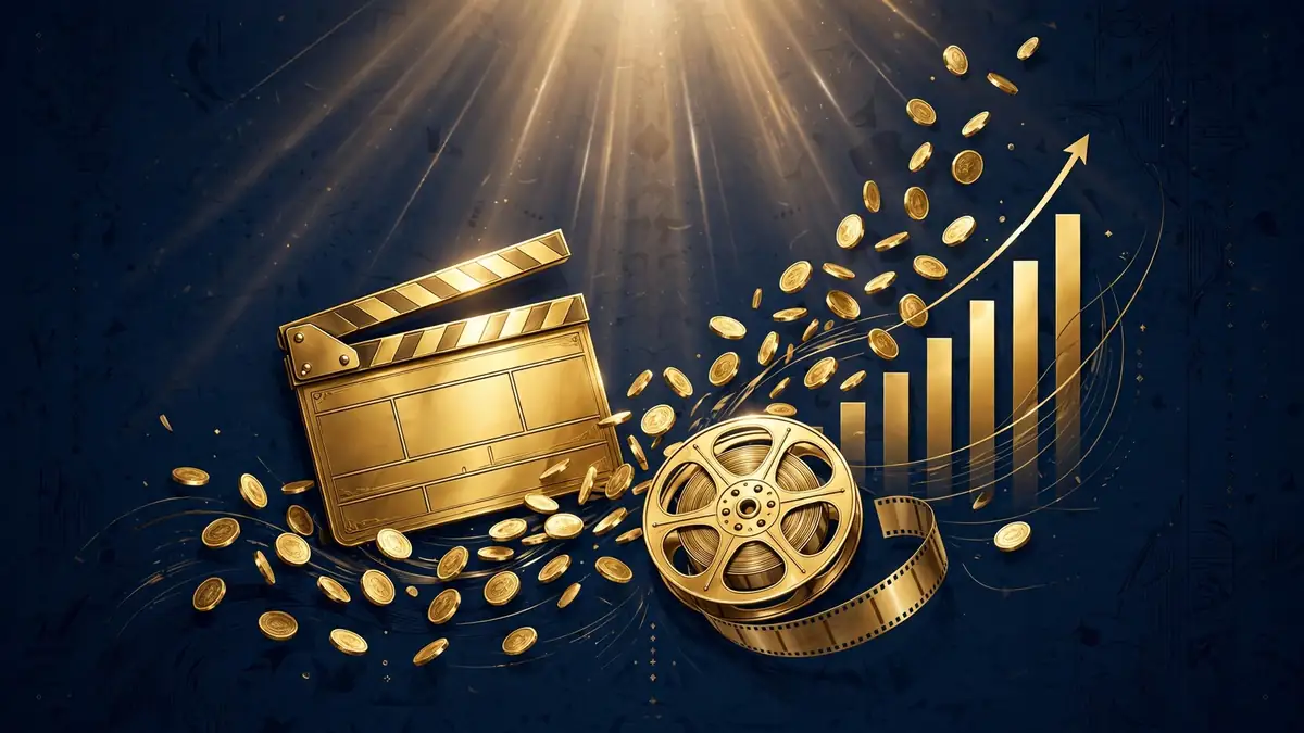 Golden film clapperboard and film reel with rising coins on a navy background, illustrating the world's richest actors ranking