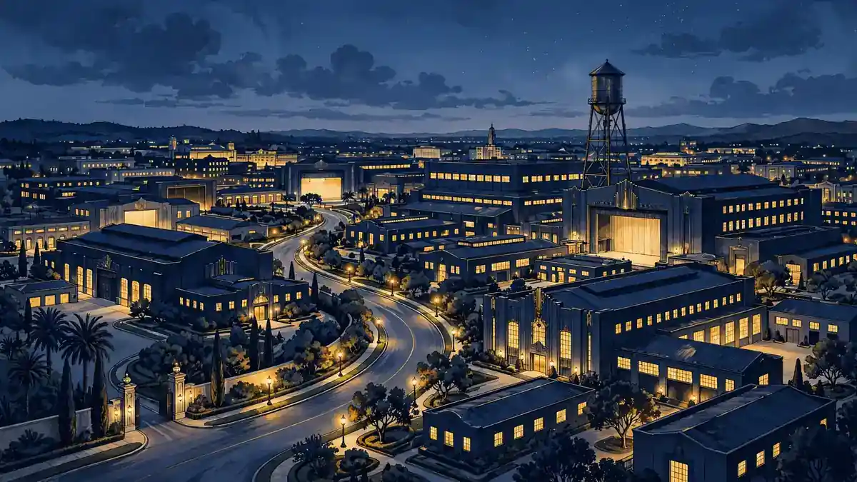 Illustration of a film studio lot at dusk with glowing soundstages, representing studio ownership wealth