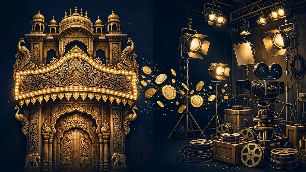 Split illustration of an ornate Indian cinema marquee and a Hollywood film set with floating gold coins