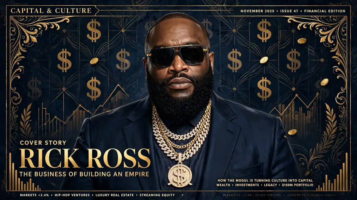 Stylized editorial portrait of rapper Rick Ross in navy and gold