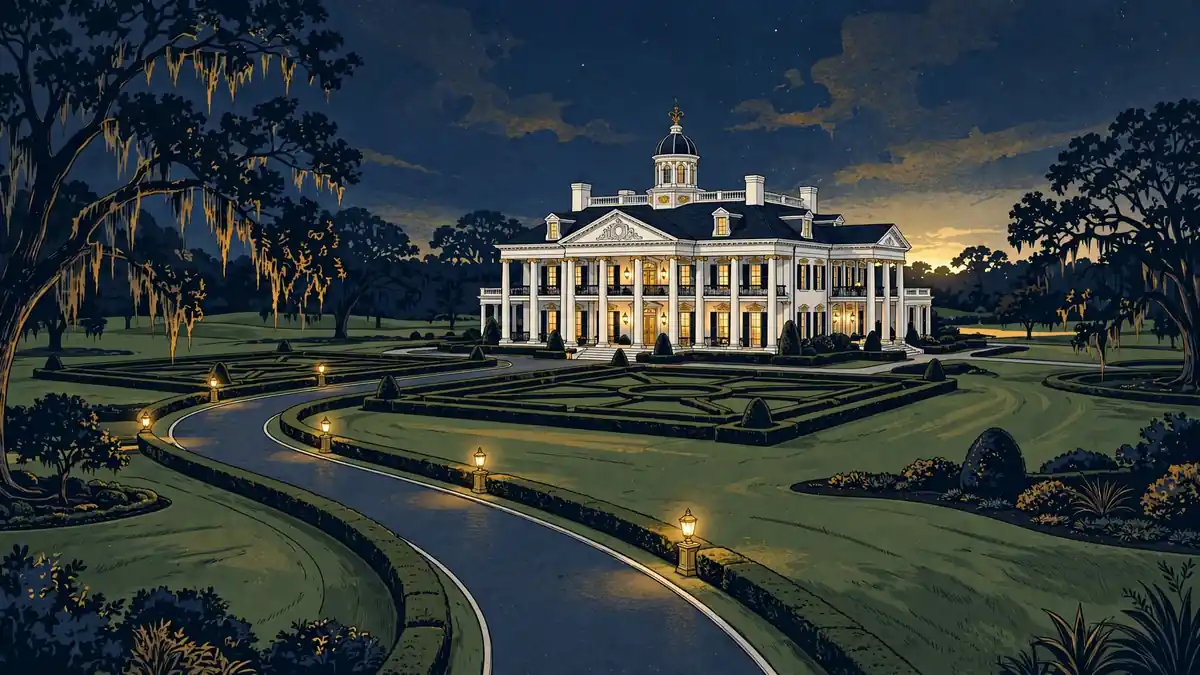 Illustration of a grand Southern mansion estate at dusk, inspired by Rick Ross's Promise Land estate