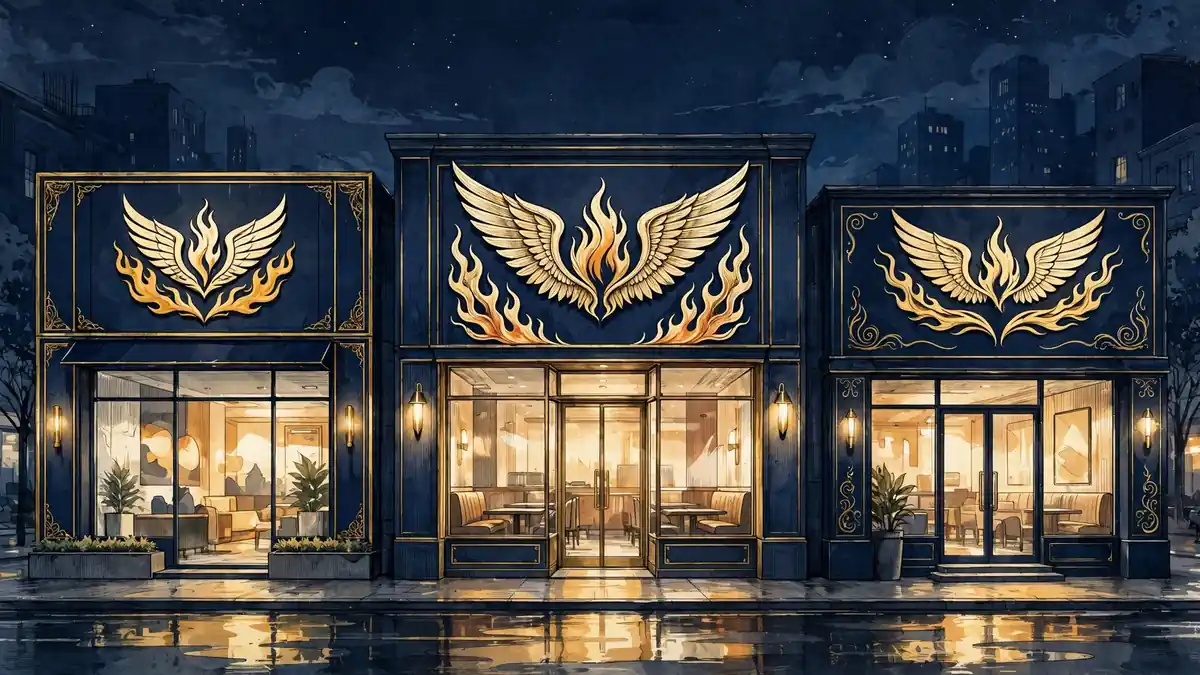 Illustration of glowing fast-food franchise storefronts at night, inspired by Rick Ross's Wingstop empire
