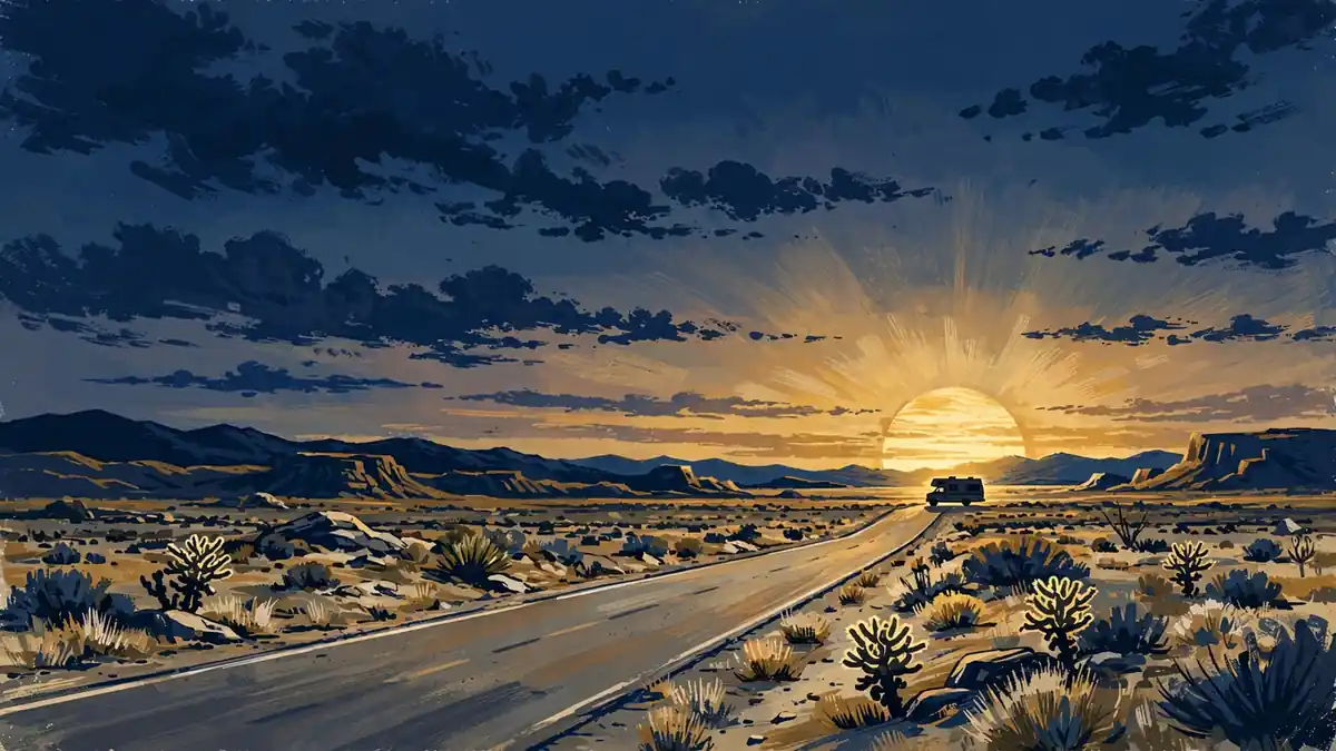Editorial illustration of a desert highway at dusk with an RV, evoking the Breaking Bad era
