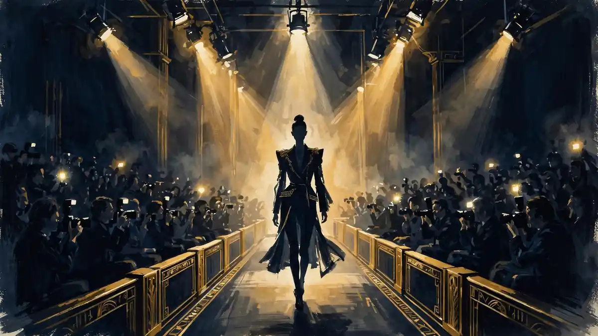Editorial illustration of a fashion runway catwalk with a model under spotlights