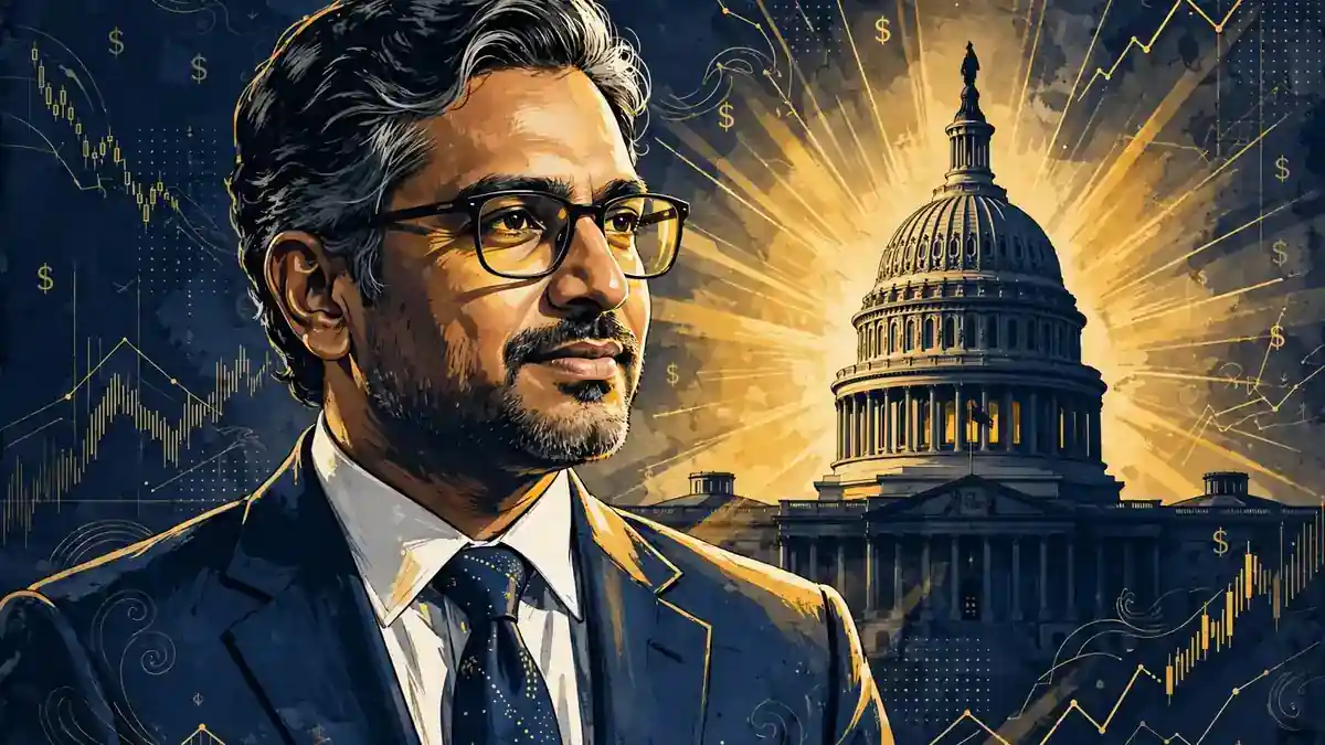 Stylized illustrated portrait of Congressman Ro Khanna with dark-rimmed glasses against a navy and gold editorial background