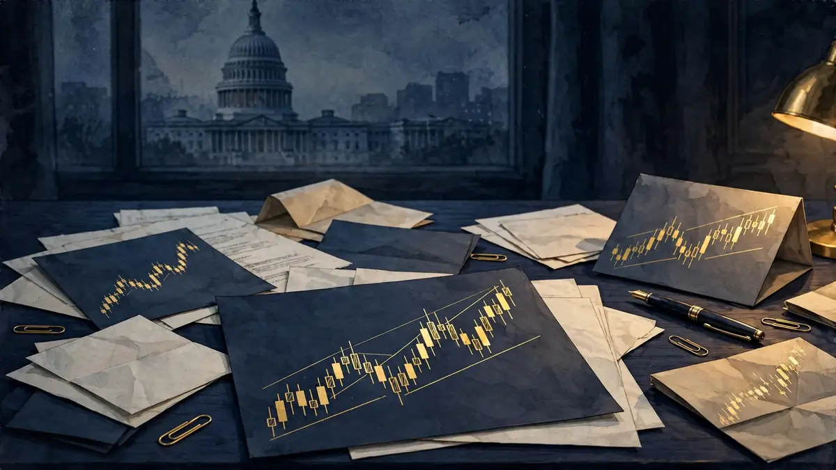 Editorial illustration of rising golden stock charts and financial disclosure pages with a Capitol dome in navy and gold