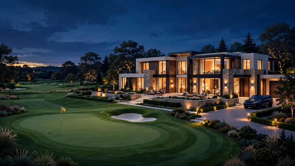 Editorial illustration of a luxury mansion and private golf course at dusk in deep navy and gold