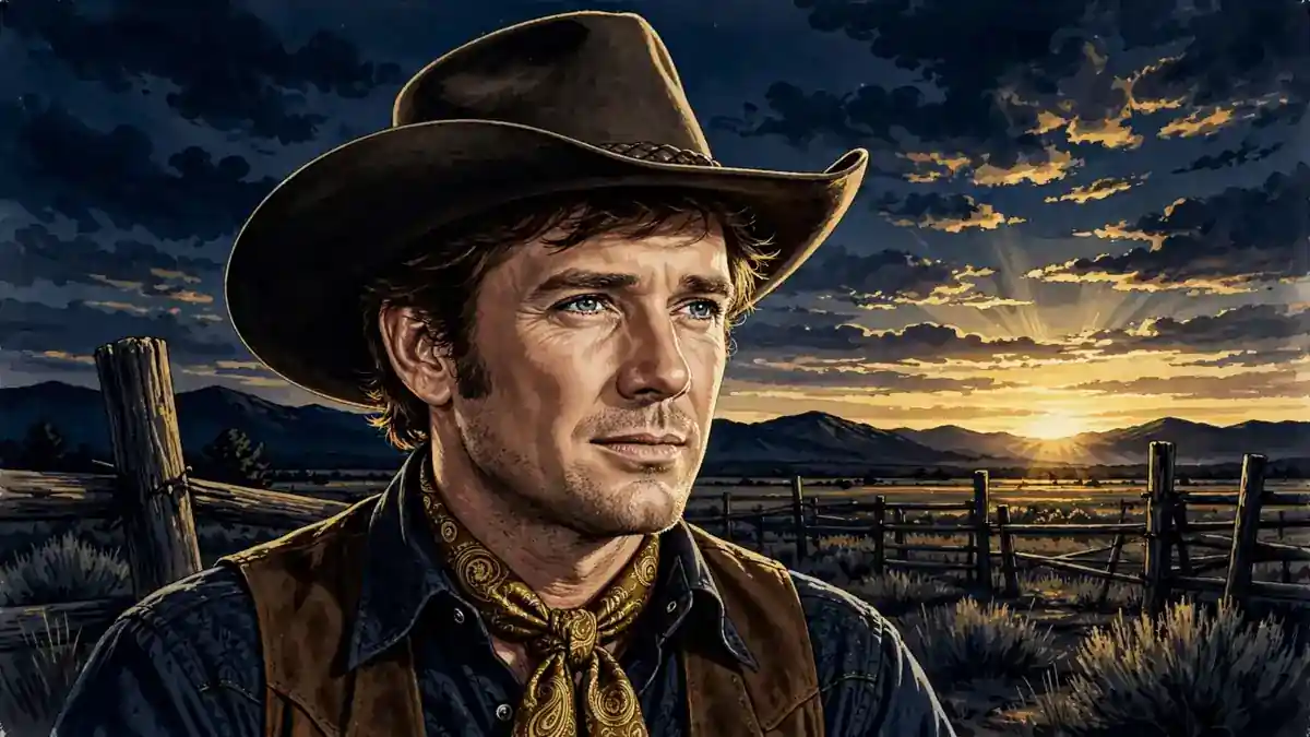 Illustrated portrait of Robert Fuller as a classic western cowboy at sunset