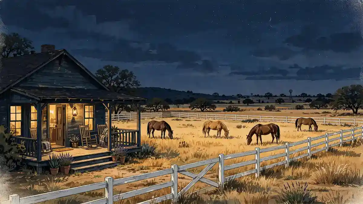 Texas horse ranch at dusk with quarter horses grazing