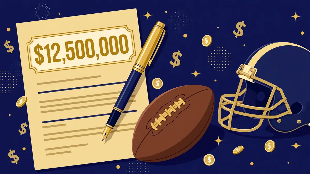 Editorial illustration of a football contract signing with a pen and bonus figures
