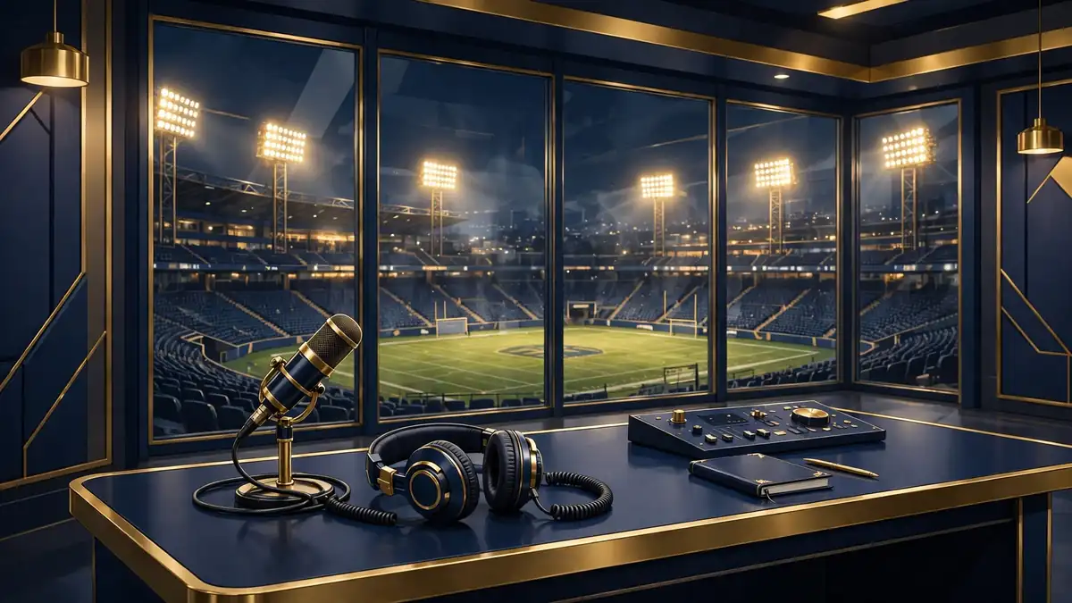 Illustration of a TV sports broadcast booth with a microphone overlooking a lit stadium