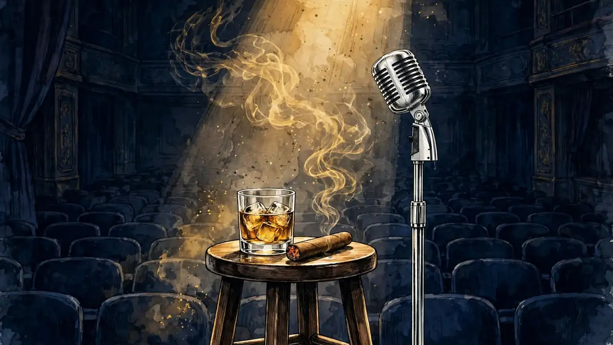 Editorial illustration of Ron White's stage setup: a glass of scotch and a cigar on a stool under a spotlight