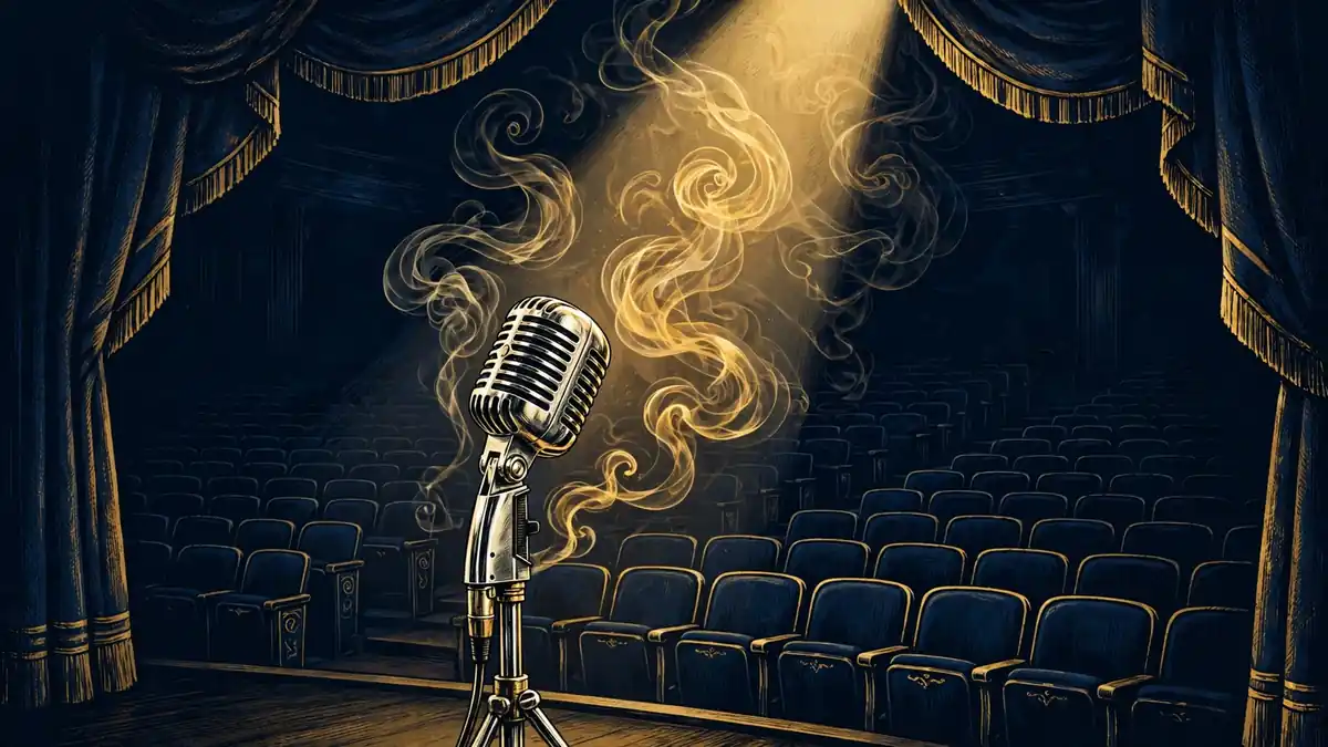 Illustrated editorial graphic of a comedy stage microphone with curling cigar smoke in a spotlight beam